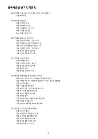 공동체은행 빈고 걸어온 길
2008년 02월 21일 해방촌 게스츠하우스 빈집 시작. 빈집들이.
11월 윗집 시작.
2009년 02월 옆집 시작.
03월 가파른집 시작.
03월 빈마을회의 시작.
05월 빈마을금고 논의 시작.
08월 ~ 10월 참길음집.
09년 10월 빈농집 시작.
2010년 02월 앞집 시작. 윗집 정리.
05월 빈집 1차 재배치 – 사다리타기
05월 빈마을금고 창립준비위원회 시작.
06월 27일 우주살림협동조합 빈고 시작.
10월 빈집 2차 재배치 - 조정위원회
10월 빈가게 공동체 공간이용.
11월 하늘집 공동체 공간이용.
2011년 03월 빈고 1차 총회.
04월 가파른집 정리.
05월 빈집 3차 재배치 – 테마집.
05월 공부집 공동체 공간이용.
05월 팔당집 시작.
09월 빈마을 집사회의 시작.
2012년 01월 만행 해방촌 행간 공동체 공간이용.
02월 빈가게 정리 및 이전. 까페해방촌 공동체 공간이용.
02월 아랫집 아듀파티. 해방채와 계단집으로 나눠서 공동체 공간이용.
03월 빈고 2차 총회
04월 ~ 10월 빈집회계 분리
05월 낭만집 정리. 작은집 공동체 공간이용.
08월 청주 공룡 공동체 공간이용.
08월 살림집 공동체 공간이용.
11월 해방채 정리
11월 해방촌연구소, 구름집 공동체 공간이용.
11월 마실집, 옥상집 시작
12월 수유너머R 해방촌 공동체 공간이용.
2013년 01월 빈고 총회준비위원회 활동.
03월 빈고 3차 총회.
07월 해방촌민박 공동체 공간이용.
07월 빈고 상임 활동가회의 시작
09월 마실집 공동체 공간이용.
10월 모두들 활동가 회의 참가.
12월 공룡 새 공간으로 이전.
5
 