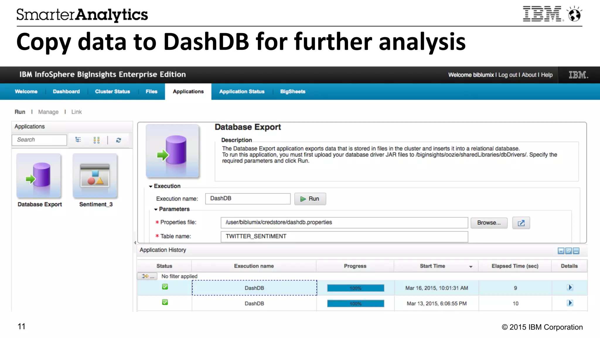 © 2015 IBM Corporation11
Copy	
  data	
  to	
  DashDB	
  for	
  further	
  analysis	
  
 
