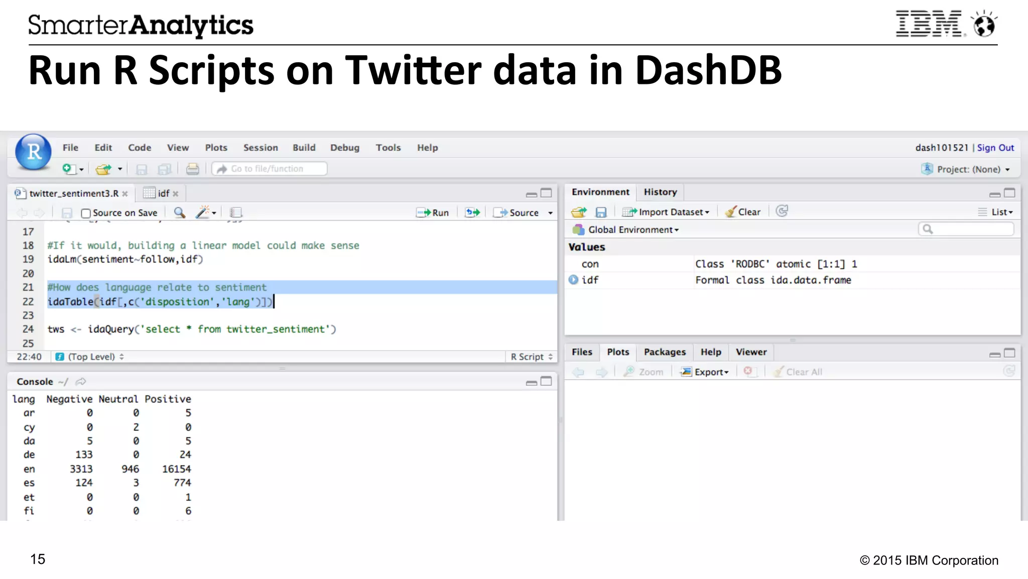 © 2015 IBM Corporation15
Run	
  R	
  Scripts	
  on	
  Twi.er	
  data	
  in	
  DashDB	
  
 