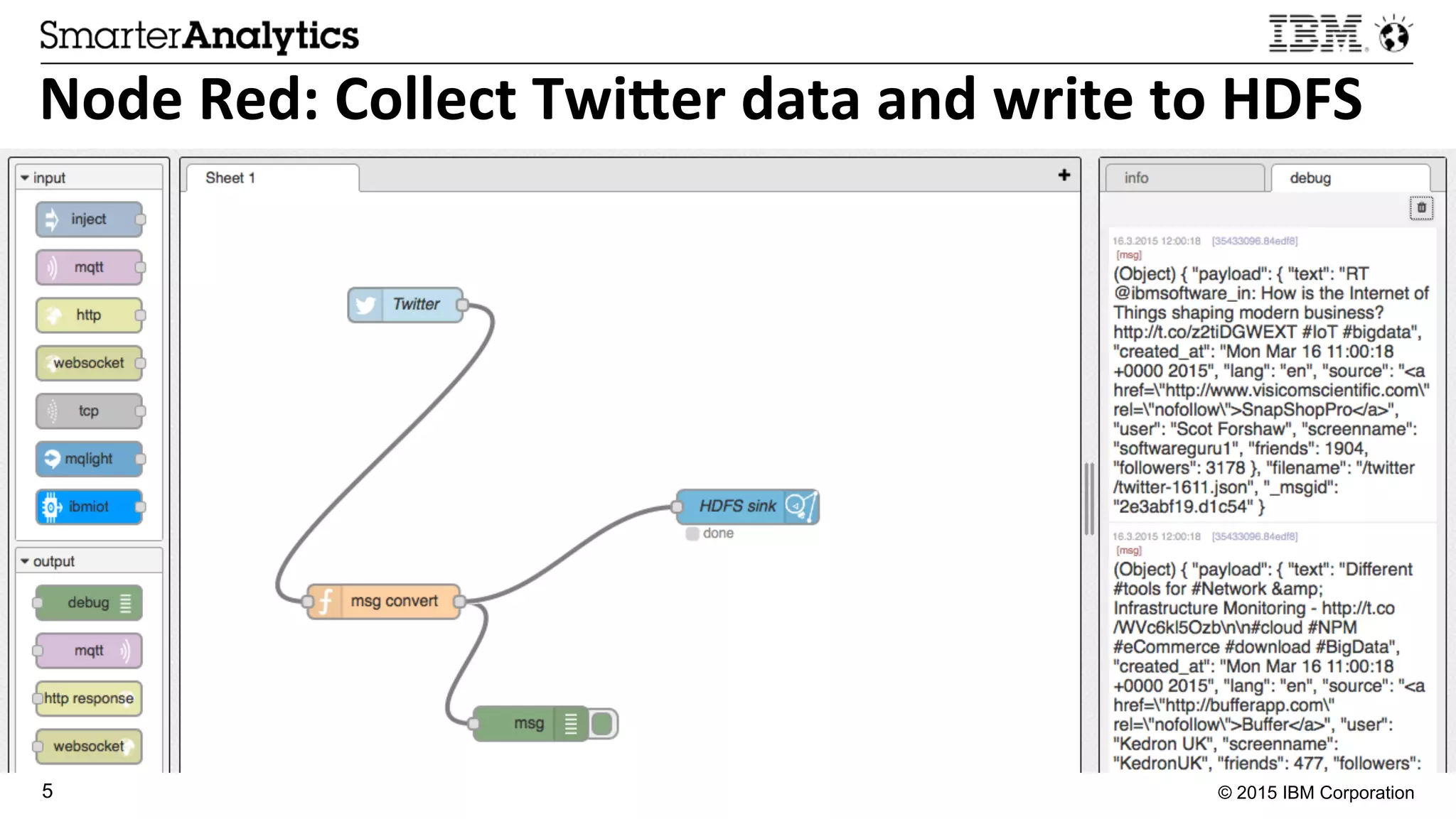 © 2015 IBM Corporation5
Node	
  Red:	
  Collect	
  Twi.er	
  data	
  and	
  write	
  to	
  HDFS	
  
 