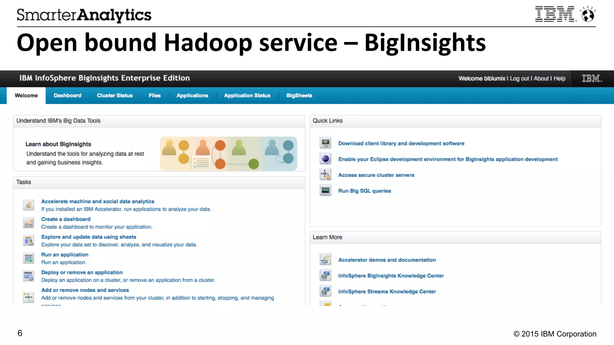 © 2015 IBM Corporation6
Open	
  bound	
  Hadoop	
  service	
  –	
  BigInsights	
  	
  
 