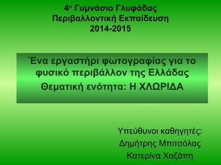 4ο
Γυμνάσιο Γλυφάδας
Περιβαλλοντική Εκπαίδευση
2014-2015
Ένα εργαστήρι φωτογραφίας για το
φυσικό περιβάλλον της Ελλάδας
Θεματική ενότητα: Η ΧΛΩΡΙΔΑ
Υπεύθυνοι καθηγητές:
Δημήτρης Μπιτσόλας
Κατερίνα Χαζάπη
 