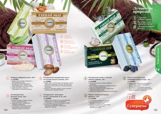 124 125124 125124124 125
Уходзателом
11190241119025
1119021
1119022
Лаврово-кефирное мыло, 100 г
код 1119025
эффективно очищает, увлажняет и
восстанавливает кожу
способствует предотвращению
преждевременного старения кожи
может применяться для мытья волос
укрепляет волосы, помогает
предотвратить появление перхоти
Натуральное миндальное мыло
на основе козьего молока, 100 г
код 1119024
эффективно отшелушивает ороговевшие клетки
интенсивно увлажняет, питает и смягчает кожу
обладает антимикробными и бактерицидными
свойствами
витамин А, фосфор, магний и селен помогают
поддерживать здоровый баланс
Антивозрастное
рисовое мыло, 100 г
код 1119022
рисовый экстракт глубоко очищает,
питает и увлажняет кожу
защищает кожу от воздействия
свободных радикалов
способствует регенерации клеток,
стимулирует синтез коллагена и
обладает эффектом лифтинга
Натуральное аргановое
мыло с коэнзимом Q 10, 100 г
код 1119021
эффективная профилактика возникновения
раздражений и кожных заболеваний
способствует активной регенерации тканей
коэнзим Q10 защищает кожу от
воздействия свободных радикалов и
замедляет старение
Лаврово-
кефирное
Миндаль и
козье молоко
Рисовое
антивозрастное
Арган и
коэнзим Q10
Любое мыло за
1119028
1119023
1119026
с маслом
чайного дерева
на основе смол
можжевельника
Cмикрочастицами
жемчуга
Лучшее от
природы!
Натуральное мыло с маслом
чайного дерева, 100 г
код 1119028
обогащено маслами чайного дерева и
розмарина
мягко удаляет загрязнения и избыток кожного
жира, не пересушивая кожу
сужает расширенные поры и нормализует
выработку кожного жира
уменьшает проявление возрастной пигментации
Мыло на основе смол
можжевельника и серы, 100 г
код 1119023
эффективная профилактика и лечение
угревой сыпи, дерматитов и других
кожных заболеваний
способствует уменьшению целлюлита
может использоваться для мытья головы,
помогает бороться с перхотью
Мыло с микрочастицами
жемчуга, 100 г
код 1119026
способствует выведению токсинов
улучшает регенерацию клеток и
замедляет старение кожи
снимает раздражения и воспаления,
защищает от воздействия
окружающей среды
2 ББ
3,8 ББ
 