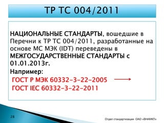 НАЦИОНАЛЬНЫЕ СТАНДАРТЫ, вошедшие в
Перечни к ТР ТС 004/2011, разработанные на
основе МС МЭК (IDT) переведены в
МЕЖГОСУДАРСТВЕННЫЕ СТАНДАРТЫ c
01.01.2013г.
Например:
ГОСТ Р МЭК 60332-3-22-2005
ГОСТ IEC 60332-3-22-2011
Отдел стандартизации ОАО «ВНИИКП»
28
 