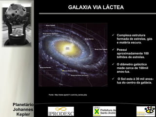GALAXIA VIA LÁCTEA
Fonte: http://www.apolo11.com/via_lactea.php
 Complexa estrutura
formada de estrelas, gás
e matéria escura.
 Possui
aproximadamente 100
bilhões de estrelas.
 O diâmetro galáctico
mede cerca de 100mil
anos-luz.
 O Sol esta à 30 mil anos-
luz do centro da galáxia.
 