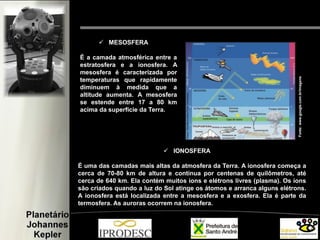 MESOSFERA
É a camada atmosférica entre a
estratosfera e a ionosfera. A
mesosfera é caracterizada por
temperaturas que rapidamente
diminuem à medida que a
altitude aumenta. A mesosfera
se estende entre 17 a 80 km
acima da superfície da Terra.
 IONOSFERA
É uma das camadas mais altas da atmosfera da Terra. A ionosfera começa a
cerca de 70-80 km de altura e continua por centenas de quilômetros, até
cerca de 640 km. Ela contém muitos íons e elétrons livres (plasma). Os íons
são criados quando a luz do Sol atinge os átomos e arranca alguns elétrons.
A ionosfera está localizada entre a mesosfera e a exosfera. Ela é parte da
termosfera. As auroras ocorrem na ionosfera.
Fonte:www.google.com.br/imagens
 