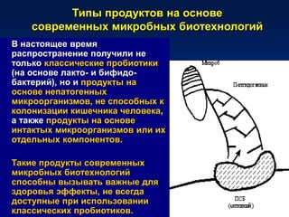 Типы продуктов на основе
современных микробных биотехнологий
В настоящее время
распространение получили не
только классические пробиотики
(на основе лакто- и бифидо-
бактерий), но и продукты на
основе непатогенных
микроорганизмов, не способных к
колонизации кишечника человека,
а также продукты на основе
интактых микроорганизмов или их
отдельных компонентов.
Такие продукты современных
микробных биотехнологий
способны вызывать важные для
здоровья эффекты, не всегда
доступные при использовании
классических пробиотиков.
 