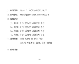 - 2 -
1. 회의기간 : 2014. 3. 17(화)~25(수) 18:00
2. 회의장소 : http://goodnanum.wix.com/2015
3. 회의안건
가. 제1호 의안: 2014년 사업보고 승인
나. 제2호 의안: 2014년 재정보고 승인
다. 제3호 의안: 2015년 사업계획 승인
라. 제4호 의안: 2015년 재정계획 승인
4. 참여회원 : 회원 125명 중 참여 78명
(62.4% 투표참여: 22명, 위임: 56명)
5. 회의내용
 