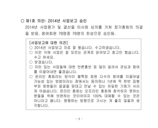 - 3 -
[사업보고에 대한 의견]
○ 2014년 사업보고 자료 잘 봤습니다. 수고하셨습니다.
○ 이런 식에 사업은 잘 모르는 관계로 읽어보고 참고만 했습니다.
수고 하세요.
○ 받겠습니다.
○ 의미 있는 사업들에 대한 언론홍보 등 많이 알려서 관심과 참여
를 이끌어내면 좋겠습니다.
○ 온라인 총회라는 방식이 불특정 회원 다수의 참여를 이끌어낼
가능성 있는 방법이라는 점에서는 동의하나 1년에 딱 한번 집행
부와 회원들이 얼굴을 맞대고 만날 수 있는 유일한 기회가 사라
져 아쉽습니다. 온라인 총회는 오프라인 총회에 참석하지 못하는
분들을 위해 보완하는 것이어야지 100% 대체할 수 있는 것은
아니라고 봅니다. 병행하는 방향으로 가시는 게 좋지 않을까 생
각합니다.
○ 제1호 의안: 2014년 사업보고 승인
2014년 사업평가 및 결산을 이사회 심의를 거쳐 정기총회의 의결
을 받음. 참여회원 78명중 78명의 찬성으로 승인됨.
 