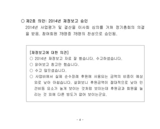 - 4 -
○ 제2호 의안: 2014년 재정보고 승인
2014년 사업평가 및 결산을 이사회 심의를 거쳐 정기총회의 의결
을 받음. 참여회원 78명중 78명의 찬성으로 승인됨.
[재정보고에 대한 의견]
○ 2014년 재정보고 자료 잘 봤습니다. 수고하셨습니다.
○ 읽어보고 참고만 했습니다.
○ 수고 많으셨습니다.
○ 사업비에서 실제 순수장례 후원에 사용되는 금액의 비중이 예상
외로 낮아 아쉽습니다. 살펴보니 후원금액이 절대적으로 낮아 인
건비등 요소가 높게 보이는 것처럼 보이는데 후원금과 회원을 늘
리는 것 외에 다른 방도가 없어 보이는군요.
 
