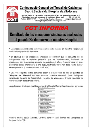 Confederació General del Treball de Catalunya
Secció Sindical de l´Hospital de Viladecans
Avd. De Gavá. 38 CP.08840 – VILADECANS (BCN) Tlf. 93 659 01 11 (EXT. 321)
Planta baja junto a la secretaría de radiología (Línea azul) Tlf. 619 366 225
Twitter: @SSCGTHV Facebook: Cgt Hospital Viladecans sscgt.hv@gencat.cat
http://cgthospitalviladecans.blogspot.com
CGT INFORMA
Resultado de las elecciones sindicales realizadas
el pasado 25 de marzo en nuestro Hospital
* Las elecciones sindicales se llevan a cabo cada 4 años. En nuestro Hospital, se
realizaron el pasado 25 de marzo.
* El objetivo de las elecciones sindicales es permitir que el conjunto de los
trabajadores elija a aquellas personas que les representarán, haciendo de
interlocutor con la empresa, durante los próximos 4 años. Es como pasa en otras
elecciones: desde ahora hasta el año 2019, los trabajadores han dado "carta blanca"
a estas personas (y sus respectivos sindicatos).
* Una vez elegidas, estas personas pasan a ocupar uno de los 17 puestos de
Delegado de Personal de que dispone nuestro Hospital. Estos Delegados
constituirán la Junta de Personal del Hospital de Viladecans, órgano colegiado de
representación de los trabajadores.
Los delegados sindicales elegidos en nuestro Hospital fueron las siguientes personas:
JuanMa, Eliana, Jesús, Alberto, Carmen, Jordi y Klaus somos los Delegados de
Personal de la CGT.
 