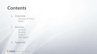 Contents
1. Overview
Overview & History
Ability
2. Business
Zenith-D
Zenith-G
Zenith-S
Web Agency
3. Appendix
2015 제니스소프트 회사소개서 2
 