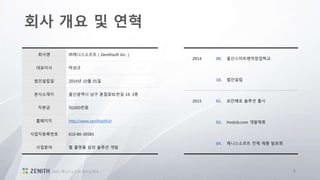회사 개요 및 연혁
42015 제니스소프트 회사소개서
회사명 ㈜제니스소프트 ( Zenithsoft Inc. )
대표이사 박성규
법인설립일 2014년 10월 01일
본사소재지 울산광역시 남구 돋질로91번길 19, 3층
자본금 50,000천원
홈페이지 http://www.zenithsoft.kr
사업자등록번호 610-86-30585
사업분야 웹 플랫폼 상의 솔루션 개발
2014 09. 울산스마트벤처창업학교
10. 법인설립
2015 01. 보안배포 솔루션 출시
02. Hodols.com 개발제휴
04. 제니스소프트 전체 제품 발표회
 