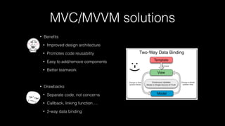 MVC/MVVM solutions
• Beneﬁts
• Improved design architecture
• Promotes code reusability
• Easy to add/remove components
• Better teamwork
• Drawbacks
• Separate code, not concerns
• Callback, linking function….
• 2-way data binding
 