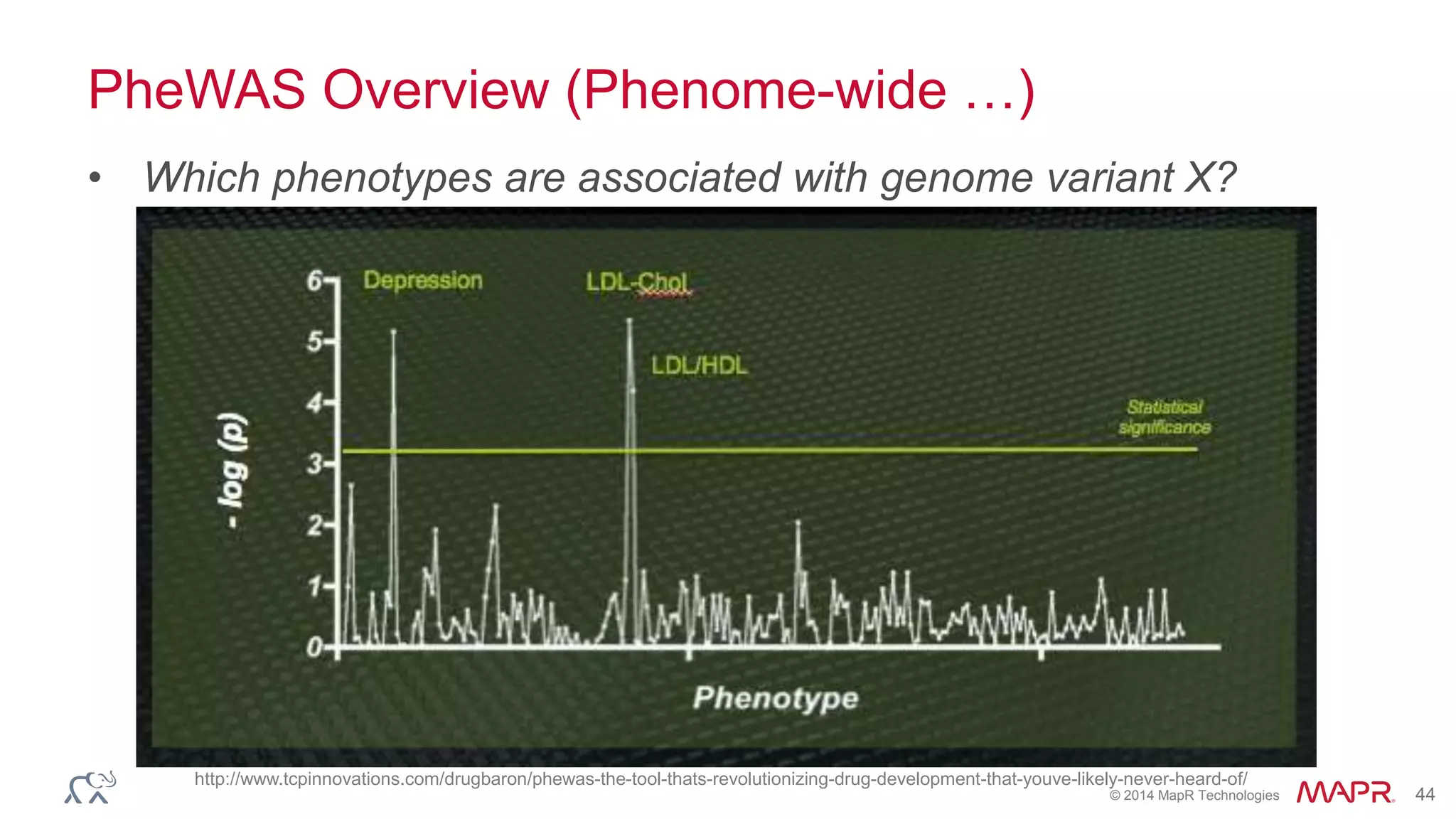 © 2014 MapR Technologies 44
PheWAS Overview (Phenome-wide …)
• Which phenotypes are associated with genome variant X?
http://www.tcpinnovations.com/drugbaron/phewas-the-tool-thats-revolutionizing-drug-development-that-youve-likely-never-heard-of/
 