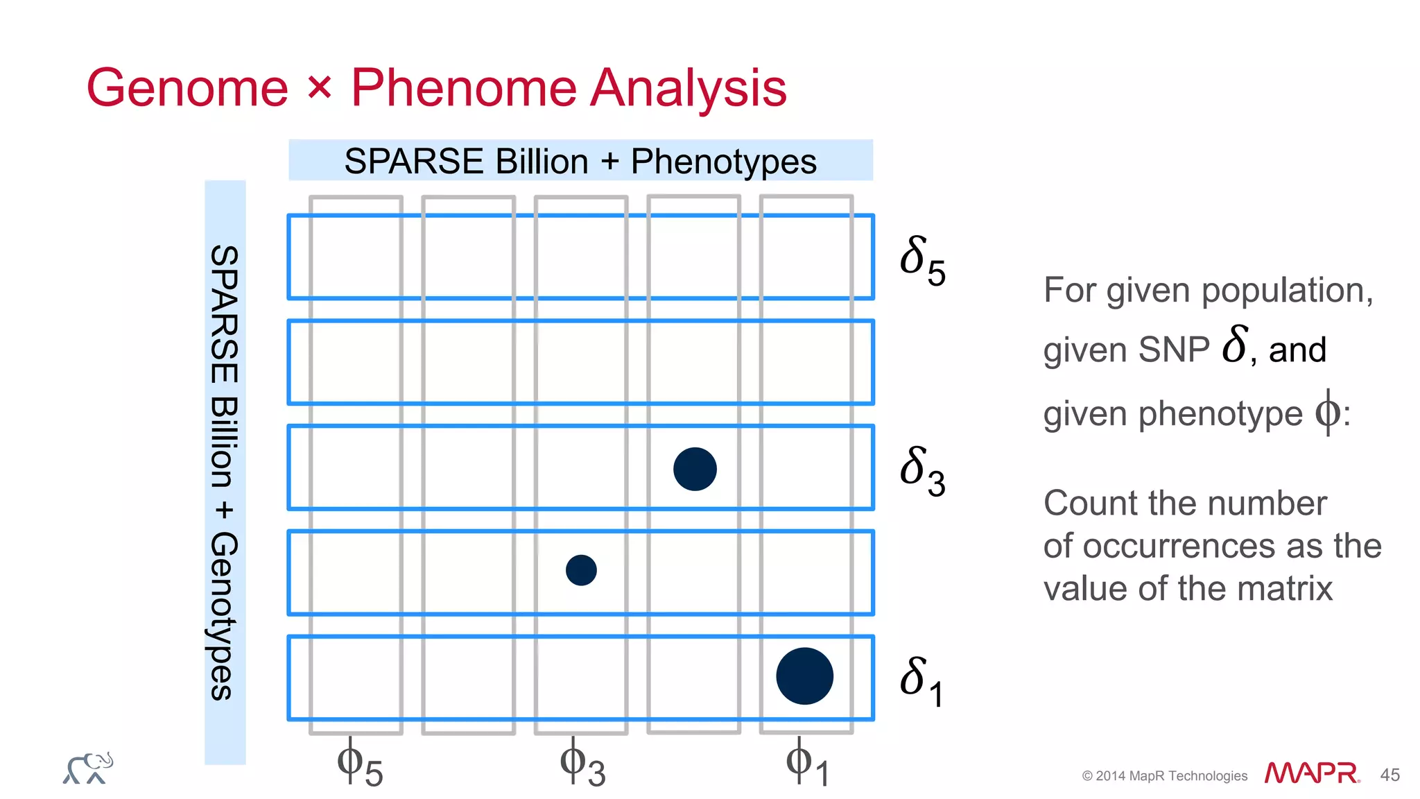 © 2014 MapR Technologies 45
Genome × Phenome Analysis
For given population,
given SNP 𝛿, and
given phenotype ϕ:
Count the number
of occurrences as the
value of the matrix
𝛿5
ϕ5 ϕ3 ϕ1
𝛿3
𝛿1
SPARSE Billion + Phenotypes
SPARSEBillion+Genotypes
 