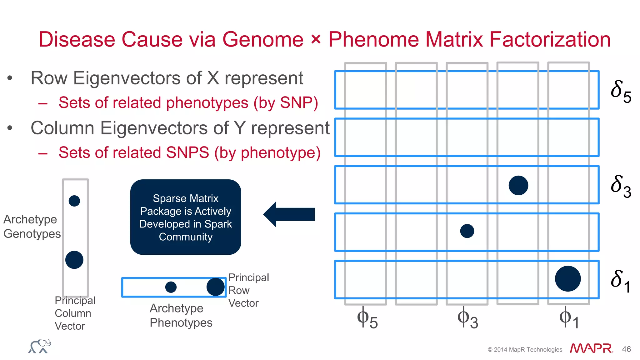 © 2014 MapR Technologies 46
Disease Cause via Genome × Phenome Matrix Factorization
• Row Eigenvectors of X represent
– Sets of related phenotypes (by SNP)
• Column Eigenvectors of Y represent
– Sets of related SNPS (by phenotype)
𝛿5
ϕ5 ϕ3 ϕ1
𝛿3
𝛿1
Principal
Column
Vector
Archetype
Genotypes
Archetype
Phenotypes
Principal
Row
Vector
Sparse Matrix
Package is Actively
Developed in Spark
Community
 