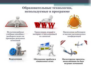 Образовательные технологии,
используемые в программе
8
Мультимедийные
учебные пособия с
разбором задач на
примерах реальных
компаний
Трансляция лекций в
интернет с последующей
их записью
Проведение вебинаров
и научно-методических
конференций
Видеолекции Обсуждение проблем в
социальных сетях
Магистерские проекты,
выполненные на базе
ведущих компаний
 