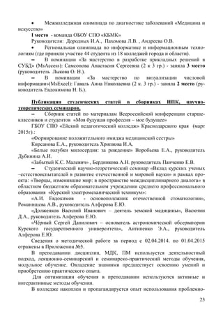 23
«
»
I - « »
: ., . , .
-
( 44 18 ).
«
» (MsAccess): (2 3 .) - 3
. .).
«
»(MsExcel): (2 . 3 .) - 2 ( -
. .).
, -
.
-
« – »
« » (
2015 ).:
»
., .
: » .,
.
. » , . .
«
» -
: « , : »
« »:
. - »,
., .
– »,
., .
–
», .,
.
02.04.2014. 01.04.2015
5.
, ,
, ,
.
.
.
-
 
