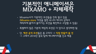 기본적인 애니메이션은
MIXAMO + 자체제작
• Mixamo사가 기본적인 모션들을 잔뜩 팔고 있음
(Mixamo store 어셋을 깔면 유니티 에디터 상에서
캐릭터에 붙어서 돌아가는 모션을 확인하고 구입할 수 있음)
• 특별하지 않은 기본적 게임적 모션은 다 있다고 생각하면 됨
• 단, 액션 공격 모션들은 좀 구리다 -> 직접 만들어 쓸 것
-> 그래서 2014년 결국 팀에 애니메이터를 신규 채용
 