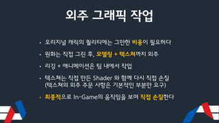외주 그래픽 작업
• 오리지널 캐릭의 퀄리티에는 그만한 비용이 필요하다
• 원화는 직접 그린 후, 모델링 + 텍스쳐까지 외주
• 리깅 + 애니메이션은 팀 내에서 작업
• 텍스쳐는 직접 만든 Shader 와 함께 다시 직접 손질
(텍스쳐의 외주 주문 사항은 기본적인 부분만 요구)
• 최종적으로 In-Game의 움직임을 보며 직접 손질한다
 