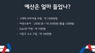 예산은 얼마 들었나?
• 그래픽 외주비용 도합 : 약 1500만원
• 어셋스토어 : 2938.5$ = 약 350만원 (환율 1200원)
• Daz3D 어셋 : 약 10만원
• 사운드 소스 구입 : 약 100만원
 