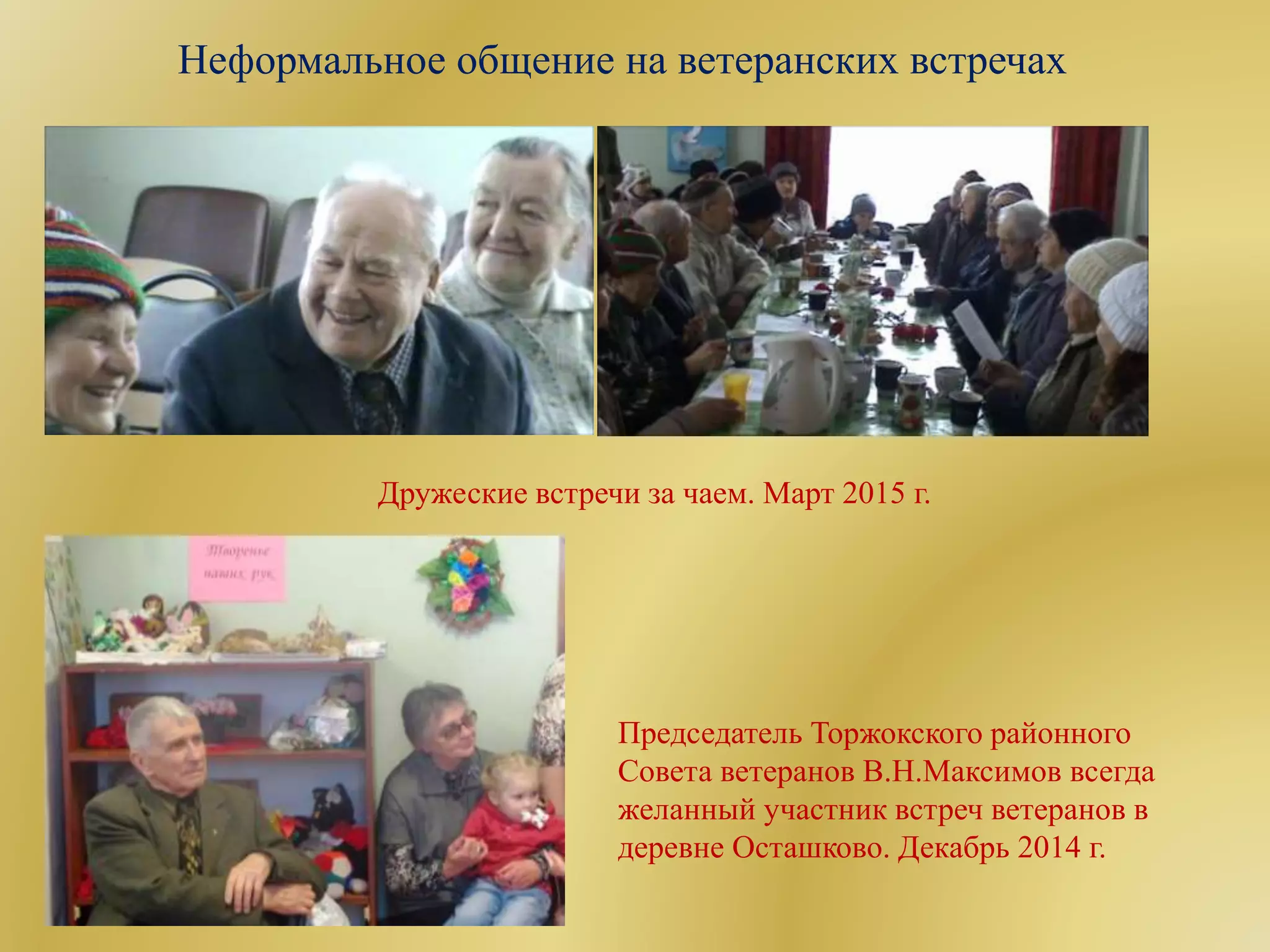 Неформальное общение на ветеранских встречах
Дружеские встречи за чаем. Март 2015 г.
Председатель Торжокского районного
Совета ветеранов В.Н.Максимов всегда
желанный участник встреч ветеранов в
деревне Осташково. Декабрь 2014 г.
 