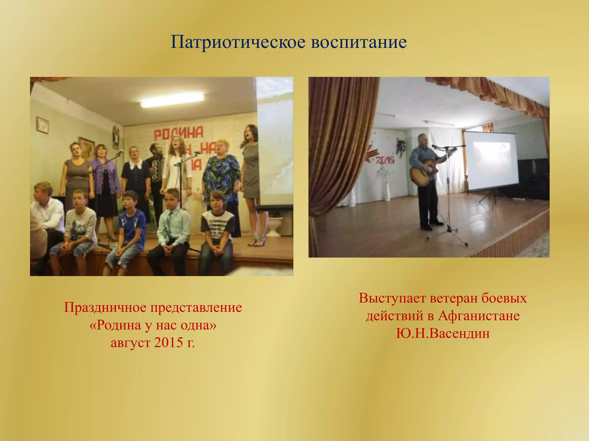 Патриотическое воспитание
Праздничное представление
«Родина у нас одна»
август 2015 г.
Выступает ветеран боевых
действий в Афганистане
Ю.Н.Васендин
 