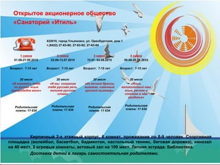 Открытое акционерное общество
«Санаторий «Итиль»
Кирпичный 2-х этажный корпус, 6 комнат, проживание по 8-9 человек. Спортивная
площадка (волейбол, баскетбол, бадминтон, настольный теннис, беговая дорожка), кинозал
на 40 мест, 2 игровые комнаты, актовый зал на 100 мест. Летняя эстрада. Библиотека.
Доставка детей в лагерь самостоятельная родителями.
432010, город Ульяновск, ул. Оренбургская, дом 1
т.(8422) 27-83-90; 27-83-92; 27-83-94
1 смена
01.06-21.06.2015
Возраст: 7-15 лет
2 смена
23.06-13.07.2015
Возраст: 7-15 лет
3 смена
15.07- 04.08.2015
Возраст: 7-15 лет
4 смена
06.08-26.08.2015
Возраст: 7-15 лет
20 мест
«Я кланяюсь тебе
по русски -язык
прапрадедов моих»
Родительская
плата: 11 634
20 мест
«И мы сохраним
тебя русская речь,
великое русское
слово»
Родительская
плата: 11 634
20 мест
«Из вечной бронзы
выкован, извечный
русский выговор»
Родительская
плата: 11 634
20 мест
«Язык,
великолепный наш
язык, речное и
степное в нём
раздолье»
Родительская
плата: 11 634
 