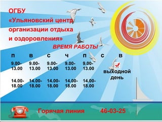 ОГБУ
«Ульяновский центр
организации отдыха
и оздоровления»
ВРЕМЯ РАБОТЫ
Горячая линия 46-03-25
п в с ч п с в
9.00-
13.00
14.00-
18.00
9.00-
13.00
14.00-
18.00
9.00-
13.00
14.00-
18.00
9.00-
13.00
14.00-
18.00
9.00-
13.00
14.00-
18.00
выходной
день
 