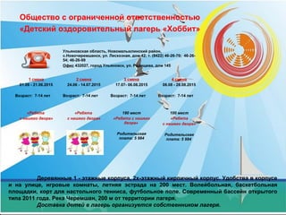 Общество с ограниченной ответственностью
«Детский оздоровительный лагерь «Хоббит»
Деревянные 1 - этажные корпуса, 2х-этажный кирпичный корпус. Удобства в корпусе
и на улице, игровые комнаты, летняя эстрада на 200 мест. Волейбольная, баскетбольная
площадки, корт для настольного тенниса, футбольное поле. Современный бассейн открытого
типа 2011 года. Река Черемшан, 200 м от территории лагеря.
Доставка детей в лагерь организуется собственником лагеря.
Ульяновская область, Новомалыклинский район,
с.Новочеремшанск, ул. Лесхозная, дом 42; т. (8422) 46-26-70; 46-26-
54; 46-26-99
Офис 432027, город Ульяновск, ул. Радищева, дом 145
1 смена
01.06 - 21.06.2015
Возраст: 7-14 лет
2 смена
24.06 - 14.07.2015
Возраст: 7-14 лет
3 смена
17.07- 06.08.2015
Возраст: 7-14 лет
4 смена
08.08 - 28.08.2015
Возраст: 7-14 лет
«Ребята
с нашего двора»
«Ребята
с нашего двора»
180 мест
«Ребята с нашего
двора»
Родительская
плата: 5 984
100 мест
«Ребята
с нашего двора»
Родительская
плата: 5 984
 