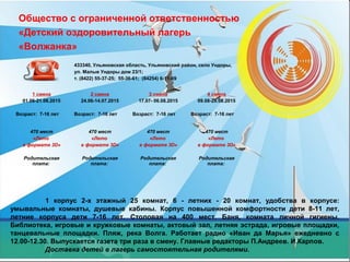 Общество с ограниченной ответственностью
«Детский оздоровительный лагерь
«Волжанка»
1 корпус 2-х этажный 25 комнат, 6 - летних - 20 комнат, удобства в корпусе:
умывальные комнаты, душевые кабины. Корпус повышенной комфортности дети 8-11 лет,
летние корпуса дети 7-16 лет. Столовая на 400 мест. Баня, комната личной гигиены.
Библиотека, игровые и кружковые комнаты, актовый зал, летняя эстрада, игровые площадки,
танцевальные площадки. Пляж, река Волга. Работает радио «Иван да Марья» ежедневно с
12.00-12.30. Выпускается газета три раза в смену. Главные редакторы П.Андреев. И.Карпов.
Доставка детей в лагерь самостоятельная родителями.
433340, Ульяновская область, Ульяновский район, село Ундоры,
ул. Малые Ундоры дом 23/1;
т. (8422) 55-37-25; 55-36-61; (84254) 6-11-69
1 смена
01.06-21.06.2015
Возраст: 7-16 лет
2 смена
24.06-14.07.2015
Возраст: 7-16 лет
3 смена
17.07- 06.08.2015
Возраст: 7-16 лет
4 смена
09.08-29.08.2015
Возраст: 7-16 лет
470 мест
«Лето
в формате 3D»
Родительская
плата:
470 мест
«Лето
в формате 3D»
Родительская
плата:
470 мест
«Лето
в формате 3D»
Родительская
плата:
470 мест
«Лето
в формате 3D»
Родительская
плата:
 