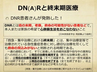 DN(A)Rと終末期医療
DNR患者さんが発熱した！
DNRとは癌の末期，老衰，救命の可能性がない患者などで，
本人または家族の希望で心肺蘇生法をおこなわないこと
[日本救急医学会 用語集より抜粋]
「救急・集中治療における終末期」とは、集中治...