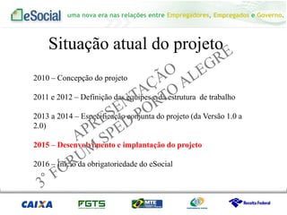 uma nova era nas relações entre Empregadores, Empregados e Governo.
2010 – Concepção do projeto
2011 e 2012 – Definição das equipes e da estrutura de trabalho
2013 a 2014 – Especificação conjunta do projeto (da Versão 1.0 a
2.0)
2015 – Desenvolvimento e implantação do projeto
2016 – Início da obrigatoriedade do eSocial
Situação atual do projeto
 