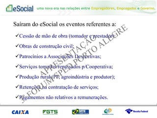 uma nova era nas relações entre Empregadores, Empregados e Governo.
Cessão de mão de obra (tomador e prestador);
Obras de construção civil;
Patrocínios a Associações Desportivas;
Serviços tomados/repassados p/Cooperativa;
Produção rural (PF, agroindústria e produtor);
Retenções na contratação de serviços;
Pagamentos não relativos a remunerações.
Saíram do eSocial os eventos referentes a:
 