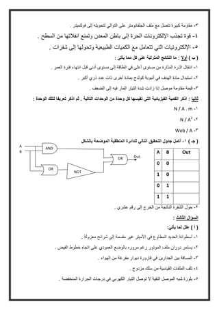 3-. ‫فولتميتر‬ ‫إلى‬ ‫لتحويله‬ ‫التوالي‬ ‫على‬ ‫الجلفانومتر‬ ‫ملف‬ ‫مع‬ ‫تتصل‬ ‫كبيرة‬ ‫مقاومة‬
4-. ‫السطح‬ ‫من‬ ‫انفالتها‬ ‫وتمنع‬ ‫المعدن‬ ‫باطن‬ ‫إلى‬ ‫الحرة‬ ‫اإللكترونات‬ ‫تجذب‬ ‫قوة‬
5-‫ت‬ ‫التي‬ ‫اإللكترونيات‬. ‫شفرات‬ ‫إلى‬ ‫وتحولها‬ ‫الطبيعية‬ ‫الكميات‬ ‫مع‬ ‫تعامل‬
(‫ب‬)‫أوال‬: ‫يأتي‬ ‫مما‬ ‫كل‬ ‫على‬ ‫المترتبة‬ ‫النتائج‬ ‫ما‬ :
1-. ‫العمر‬ ‫فترة‬ ‫انتهاء‬ ‫قبل‬ ‫أدنى‬ ‫مستوى‬ ‫إلى‬ ‫الطاقة‬ ‫في‬ ‫أعلى‬ ‫مستوى‬ ‫من‬ ‫المثارة‬ ‫الذرة‬ ‫انتقال‬
2-‫أخرى‬ ‫بمادة‬ ‫كولدج‬ ‫أنبوبة‬ ‫في‬ ‫الهدف‬ ‫مادة‬ ‫استبدال‬‫أكبر‬ ‫ذري‬ ‫عدد‬ ‫ذات‬.
3-‫ق‬. ‫الضعف‬ ‫إلى‬ ‫فيه‬ ‫المار‬ ‫التيار‬ ‫شدة‬ ‫زادت‬ ‫إذا‬ ‫موصل‬ ‫مقاومة‬ ‫يمة‬
‫ثانيا‬: ‫الوحدة‬ ‫لتلك‬ ‫تعريفا‬ ‫اذكر‬ ‫ثم‬ . ‫التالية‬ ‫الوحدات‬ ‫من‬ ‫وحدة‬ ‫كل‬ ‫تقيسها‬ ‫التي‬ ‫الفيزيائية‬ ‫الكمية‬ ‫اذكر‬ :
1-N / A . m
2-N / A2
3-Web / A
) ‫جـ‬ (1-‫أ‬‫بالشكل‬ ‫الموضحة‬ ‫المنطقية‬ ‫للدائرة‬ ‫التالي‬ ‫التحقيق‬ ‫جدول‬ ‫كمل‬
OutBA
00
01
10
11
2-. ‫عشري‬ ‫رقم‬ ‫إلى‬ ‫الخرج‬ ‫من‬ ‫الناتجة‬ ‫الشفرة‬ ‫حول‬
‫السؤال‬‫الثالث‬:
) ‫أ‬ (:‫يأتي‬ ‫لما‬ ‫علل‬
1-. ‫معزولة‬ ‫شرائح‬ ‫إلى‬ ‫مقسمة‬ ‫غير‬ ‫األميتر‬ ‫في‬ ‫المطاوع‬ ‫الحديد‬ ‫أسطوانة‬
2-‫ملف‬ ‫دوران‬ ‫يستمر‬. ‫الفيض‬ ‫خطوط‬ ‫اتجاه‬ ‫على‬ ‫العمودي‬ ‫بالوضع‬ ‫مروره‬ ‫رغم‬ ‫الموتور‬
3-‫الهواء‬ ‫من‬ ‫مفرغة‬ ‫ديوار‬ ‫قارورة‬ ‫في‬ ‫الجدارين‬ ‫بين‬ ‫المسافة‬.
4-. ‫مزدوج‬ ‫سلك‬ ‫من‬ ‫القياسية‬ ‫الملفات‬ ‫تلف‬
5-. ‫المنخفضة‬ ‫الحرارة‬ ‫درجات‬ ‫في‬ ‫الكهربي‬ ‫التيار‬ ‫توصل‬ ‫ال‬ ‫النقية‬ ‫الموصل‬ ‫شبه‬ ‫بلورة‬
Out
AND
OR
NOT
OR
A
B
 