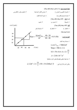 ‫السؤال‬ ‫إجابة‬‫الرابع‬:) ‫أ‬ (‫خمس‬‫درجات‬() ‫درجة‬ ‫لكل‬
1-) ‫الموتور‬ ( ‫الكهربي‬ ‫المحرك‬2-‫الصناعية‬ ‫األقمار‬ ‫هوائي‬3-‫اإللكتروني‬ ‫الميكروسكوب‬
2-‫الفلورسنت‬ ‫مصباح‬ ‫إضاءة‬4-‫الكاثود‬ ‫أشعة‬ ‫أنبوبة‬
) ‫ب‬ (‫أوال‬) ‫درجة‬ ‫لكل‬ ( ‫درجات‬ ‫ثالث‬ :
1-‫البسيط‬‫ة‬2-‫من‬ ‫أصغر‬3-‫الحيود‬
‫ثانيا‬) ‫درجة‬ ‫لكل‬ ( ‫درجات‬ ‫ثالث‬ :
1-‫االنتقال‬C2-‫االنتقال‬A3-‫بالمر‬ ‫متسلسلة‬
‫درجات‬ ‫أربع‬ ) ‫جـ‬ (
‫الرسم‬ ‫من‬ ‫الميل‬:v/Hz5.0
4080
2040)( max







F
emf
Slope
1-‫المل‬ ‫وجه‬ ‫مساحة‬‫ف‬
23
max
1084.2
7
22
2A0.4700.5
2ABNSlope
2ABN)fme(
mA
F







2-‫عظمى‬ ‫قيمة‬ ‫عند‬25 volt‫التردد‬ ‫يكون‬50 Hz
: ‫هي‬ ‫الزاوية‬ ‫السرعة‬ ‫وتكون‬SRadF /28.31450
7
22
22  
10
20
30
40
20 40 60 80
e m f ( volt )
F ( Hz )
 