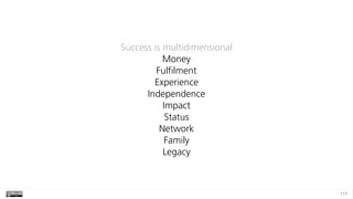117
Success is multidimensional 
Money 
Fulfilment 
Experience 
Independence 
Impact 
Status 
Network 
Family 
Legacy
 
