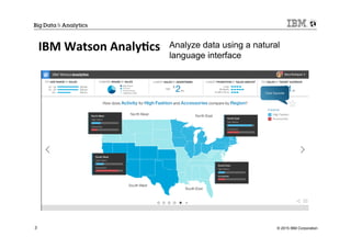 © 2015 IBM Corporation3
IBM	
  Watson	
  Analy+cs	
   Analyze data using a natural
language interface
 