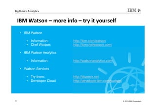 © 2015 IBM Corporation8
IBM	
  Watson	
  –	
  more	
  info	
  –	
  try	
  it	
  yourself	
  
•  IBM Watson
•  Information: http://ibm.com/watson
•  Chef Watson: http://ibmchefwatson.com/
•  IBM Watson Analytics
•  Information: http://watsonanalytics.com
•  Watson Services
•  Try them: http://bluemix.net
•  Developer Cloud http://developer.ibm.com/watson/
 