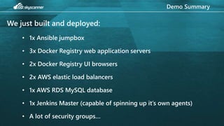 Demo Summary
We just built and deployed:
• 1x Ansible jumpbox
• 3x Docker Registry web application servers
• 2x Docker Registry UI browsers
• 2x AWS elastic load balancers
• 1x AWS RDS MySQL database
• 1x Jenkins Master (capable of spinning up it’s own agents)
• A lot of security groups…
 