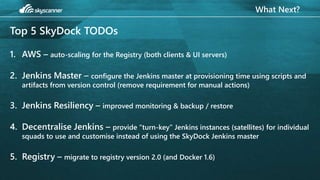 What Next?
Top 5 SkyDock TODOs
1. AWS – auto-scaling for the Registry (both clients & UI servers)
2. Jenkins Master – configure the Jenkins master at provisioning time using scripts and
artifacts from version control (remove requirement for manual actions)
3. Jenkins Resiliency – improved monitoring & backup / restore
4. Decentralise Jenkins – provide “turn-key” Jenkins instances (satellites) for individual
squads to use and customise instead of using the SkyDock Jenkins master
5. Registry – migrate to registry version 2.0 (and Docker 1.6)
 