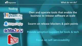 What do we do?
Tooling
Own and operate tools that enable the
business to release software at scale
Swarm on release blockers & pain points
Provide adoption support for tools & tech
Focus on self-serviceability
 