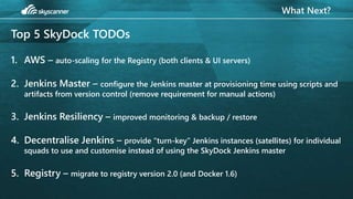 What Next?
Top 5 SkyDock TODOs
1. AWS – auto-scaling for the Registry (both clients & UI servers)
2. Jenkins Master – conf...