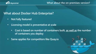 What about the on-premises version?
What about Docker Hub Enterprise?
• Not fully featured
• Licensing model is preventati...
