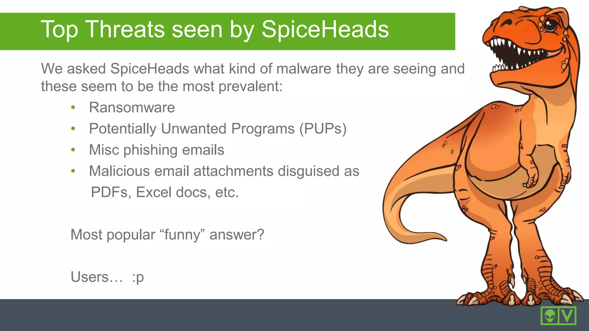Top Threats seen by SpiceHeads
We asked SpiceHeads what kind of malware they are seeing and
these seem to be the most prevalent:
• Ransomware
• Potentially Unwanted Programs (PUPs)
• Misc phishing emails
• Malicious email attachments disguised as
PDFs, Excel docs, etc.
Most popular “funny” answer?
Users… :p
 