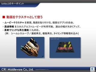 Copyright ©CRI Middleware Co., Ltd.
Sofdec2のキーポイント
■ 動画をテクスチャとして使う
- ムービーテクスチャ を実現。動画を貼り付ける。描画はアプリの自由。
- 透過情報 を入れたアルファムービーが利用可能。 演出の幅が大きくアップ。
- 柔軟でリッチな再生機能 にも対応。
(例： シームレスループ／連結再生、複数再生、タイミング情報埋め込み)
 