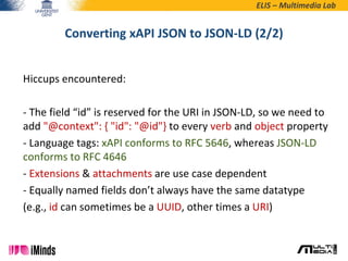 ELIS – Multimedia Lab
Hiccups encountered:
- The field “id” is reserved for the URI in JSON-LD, so we need to
add "@contex...