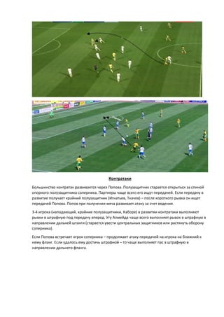 Контратаки
Большинство контратак развивается через Попова. Полузащитник старается открыться за спиной
опорного полузащитника соперника. Партнеры чаще всего его ищут передачей. Если передачу в
развитие получает крайний полузащитник (Игнатьев, Ткачев) – после короткого рывка он ищет
передачей Попова. Попов при получении мяча развивает атаку за счет ведения.
3-4 игрока (нападающий, крайние полузащитники, Каборе) в развитии контратаки выполняют
рывки в штрафную под передачу вперед. Угу Алмейда чаще всего выполняет рывок в штрафную в
направлении дальней штанги (старается увести центральных защитников или растянуть оборону
соперника).
Если Попова встречает игрок соперника – продолжает атаку передачей на игрока на ближний к
нему фланг. Если удалось ему достичь штрафной – то чаще выполняет пас в штрафную в
направлении дальнего фланга.
 