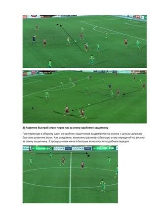3) Развитие быстрой атаки через пас за спину крайнему защитнику
При переходе в оборону один из крайних защитников выдвигается на игрока с целью сдержать
быстрое развитие атаки. Как следствие, возможно развивать быструю атаку передачей по флангу
за спину защитнику. 2 пропущенных мяча в быстрых атаках после подобных передач.
 